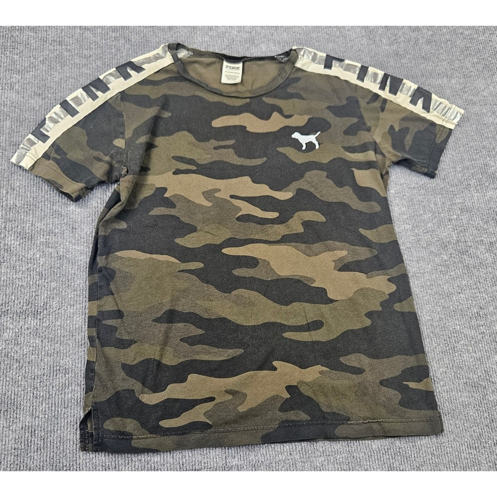 Pink Victoria's Secret Camo T-Shirt Womens XS Green Camouflage Logo Tape Sleeve